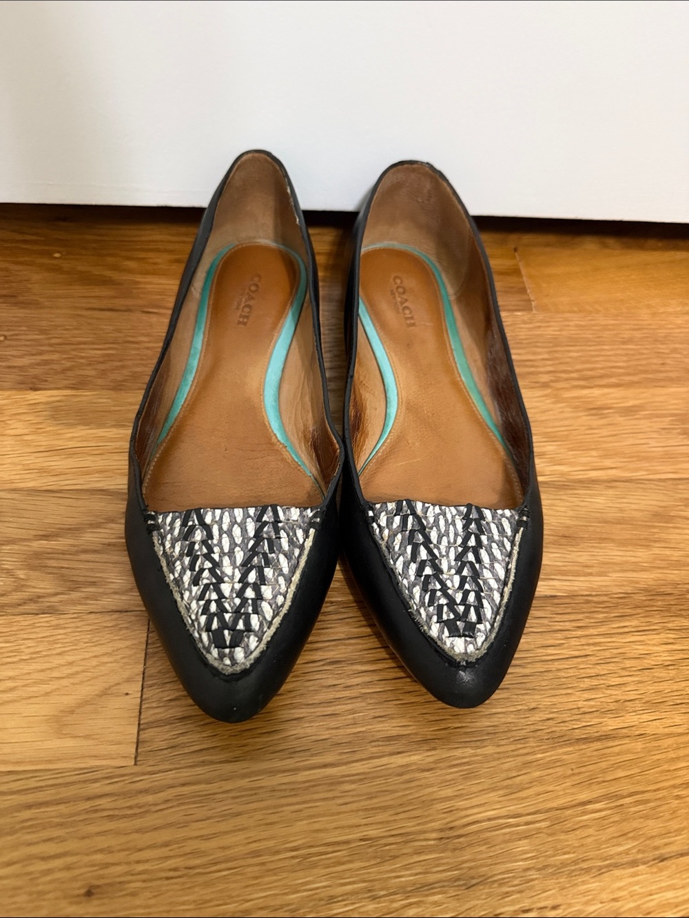 COACH Black Leather Pointed Toe Flats with Woven Snake Print Toe
